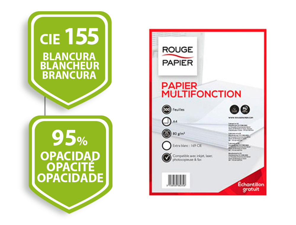 PAPIER ROUGE PAPIER MULTIFONCTION A4 80G/M2 EXTRA BLANC BLANCHEUR 155 OPACIT 95 RIGIDIT 121 500 FEUILLES PEFC